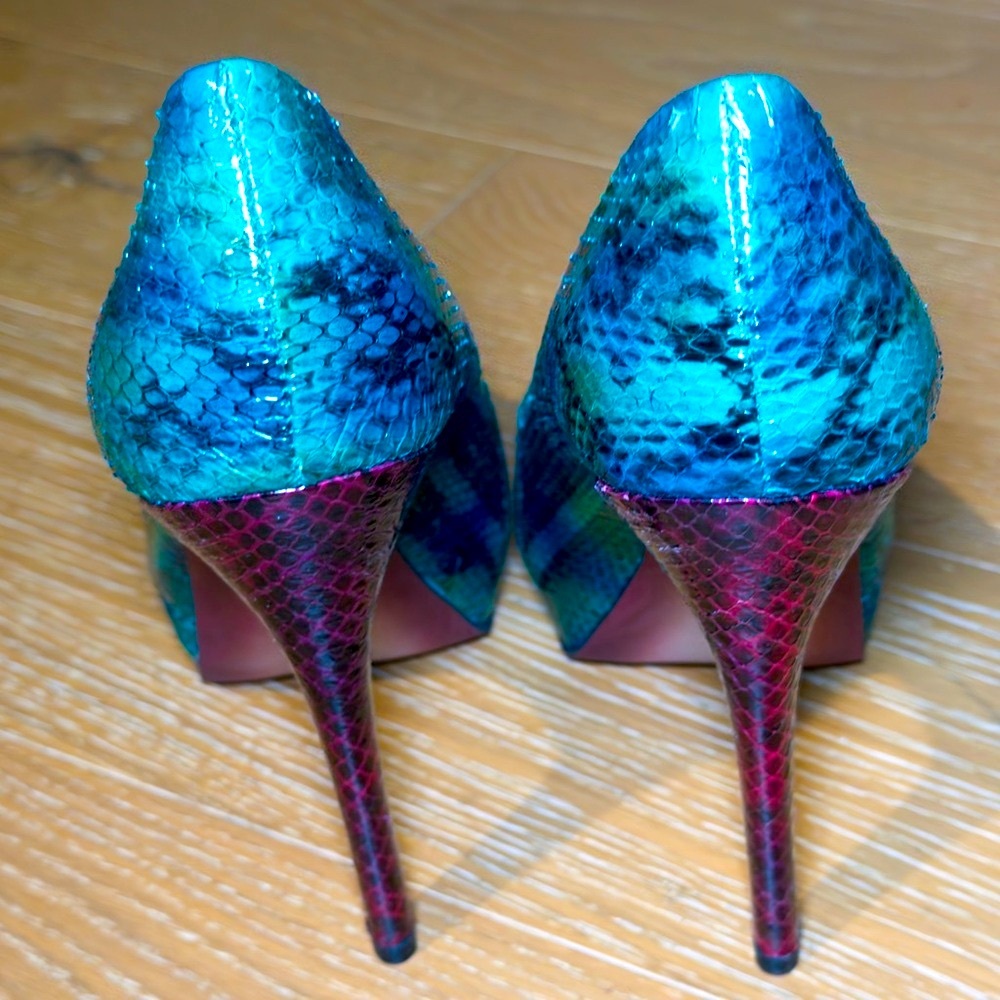 👠 Boutique 9 Blue and Brown Snake Print Classic Peep Toe Heels Size 9 - Picture 10 of 13